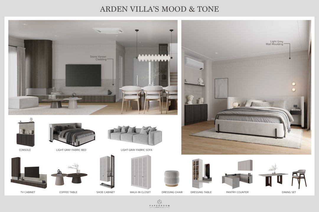 มู้ดบอร์ดวัสดุและโทนสีของ ARDEN VILLA ไม้ หิน ผ้า ในโทนเทาและน้ำตาล พร้อมเฟอร์นิเจอร์ในคอลเลกชัน