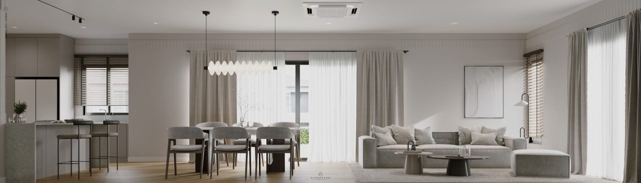 ภาพพาโนรามาห้องนั่งเล่น มุมรับประทานอาหาร และแพนทรี ในโทนเทา-น้ำตาลของ ARDEN VILLA